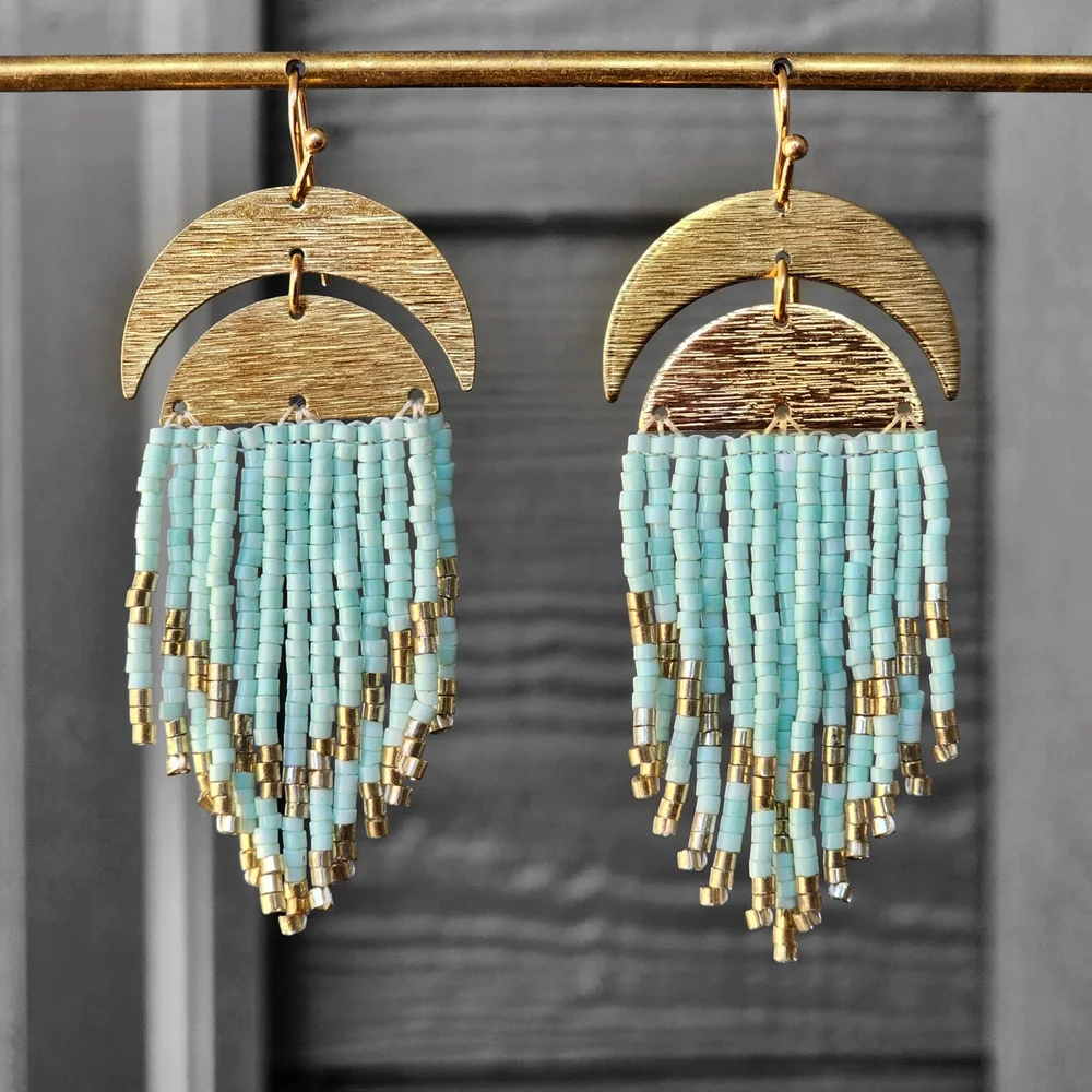 Moon Boho Earrings Beaded Fringe Handmade Jewelry Boheme Blue - Picture 1 of 2